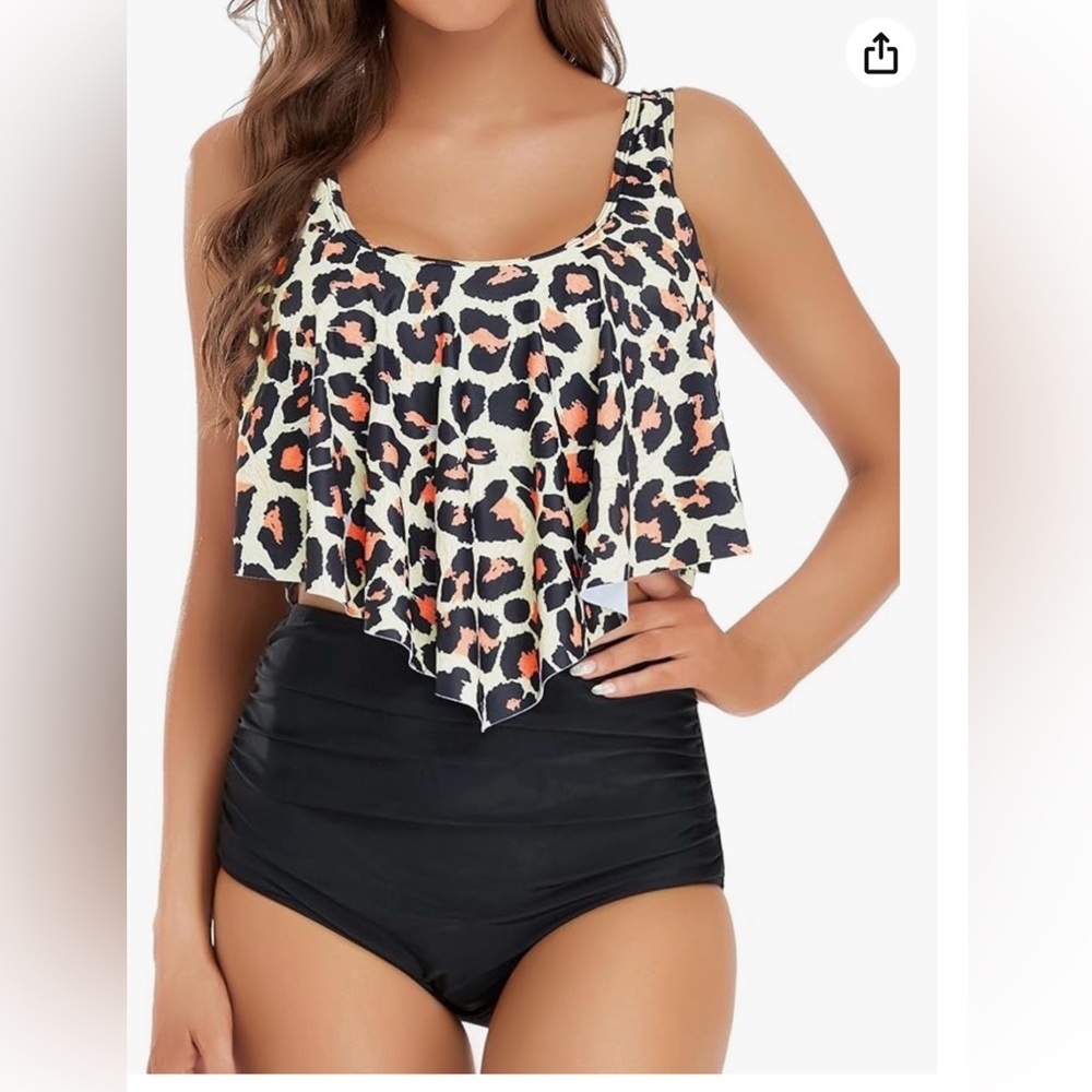Womens Tankini Leopard Swimsuit Tummy Control Bathing Suit Modest XL
